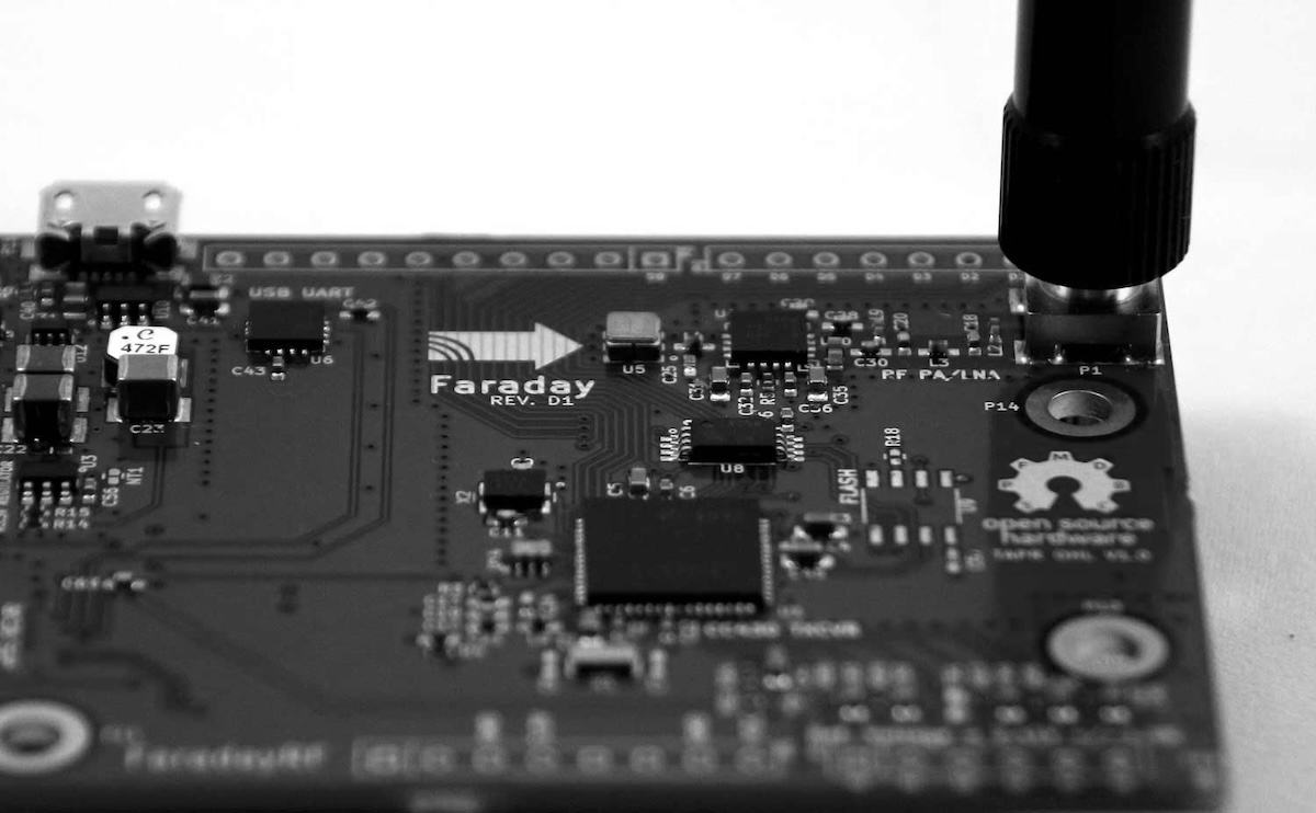Faraday: CC430 microcontroller, RF chain, and SMA antenna connector.